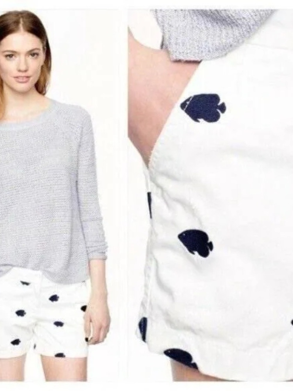 J. Crew White Chino Shorts with Embroidered Navy Fish Motif size 2 Mid Rise